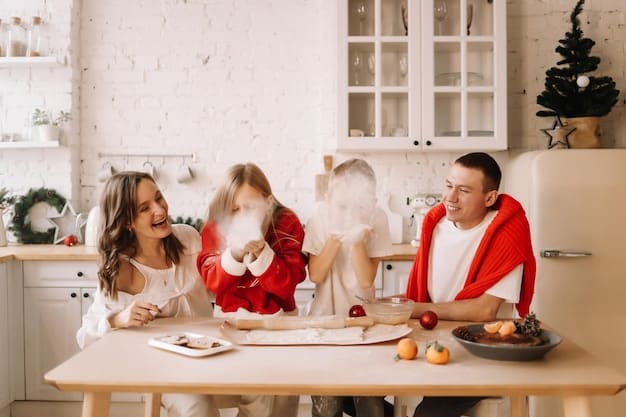 A family mindfully preparing a holiday meal together in a warm, inviting kitchen. Each member is focused on their task with a sense of calm and cooperation, showcasing the joy of shared effort.
