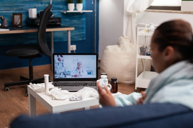 A healthcare professional providing telehealth services via a laptop. The background is a modern apartment, emphasizing the convenience and accessibility of virtual mental health care.