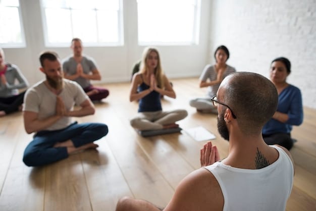 A diverse group of people participating in a stress-reduction workshop, practicing mindful breathing and relaxation techniques. All participants appear calm and focused.