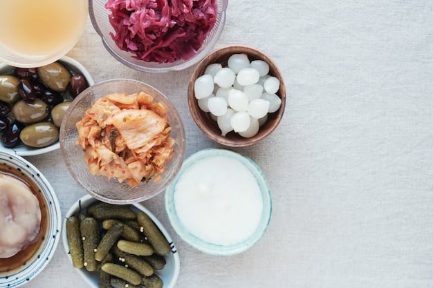 A close-up shot of various probiotic-rich foods such as yogurt, kefir, sauerkraut, and kimchi, arranged attractively to highlight their health benefits for gut health.