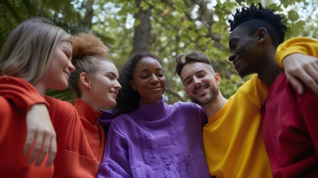 A diverse group of people supporting each other, symbolizing community and social support as a key pillar of resilience. Warm colors and genuine smiles emphasize connection and empathy.