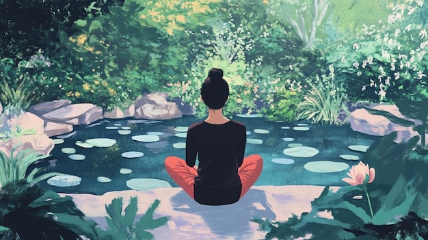 A person practicing yoga or meditation outdoors in a peaceful setting, illustrating mindfulness and self-care as strategies for building resilience. Soft, natural lighting and serene expressions emphasize calmness and inner peace.