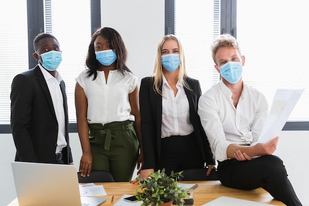 A diverse group of office workers wearing masks during a meeting in a modern office setting. The lighting is bright and natural, and the atmosphere is professional yet cautious.