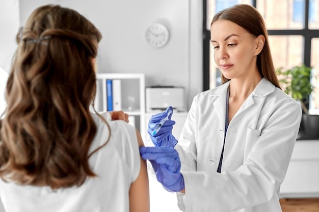 A doctor in a white coat discussing vaccination options with a patient in a well-lit clinic. The focus is on the interaction and the information being shared.