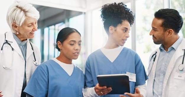 A diverse team of healthcare professionals, including doctors, nurses, and community health workers, are collaborating and discussing patient care in a modern hospital setting. This image depicts a unified and diverse healthcare workforce working towards improving patient outcomes.