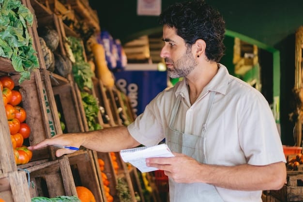 A food safety inspector examining produce at a local farmers market. Focus on the inspector's clipboard and the fresh, colorful fruits and vegetables.