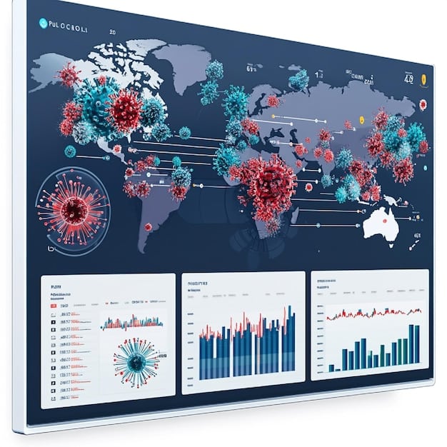 A dashboard displaying real-time data visualizations of disease outbreaks, showing trends, geographic distribution, and demographic information.