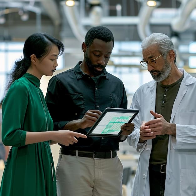 A diverse group of healthcare professionals collaborating around a large touchscreen displaying public health data analytics, highlighting teamwork and technology integration.
