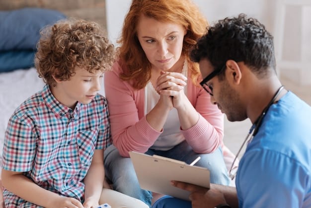 A concerned parent discussing their child's immunization schedule with a pediatrician in a brightly lit clinic. The pediatrician is pointing to a chart, providing clear instructions and reassurance.