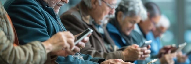 A group of senior citizens participating in a technology training session, learning how to use tablets and smartphones for telehealth consultations and accessing online health resources.