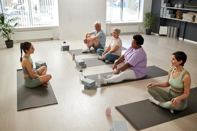 A group of senior citizens participating in a chair yoga class at a community center. The instructor is demonstrating a pose, and the participants are smiling and engaged. The setting is bright and welcoming.