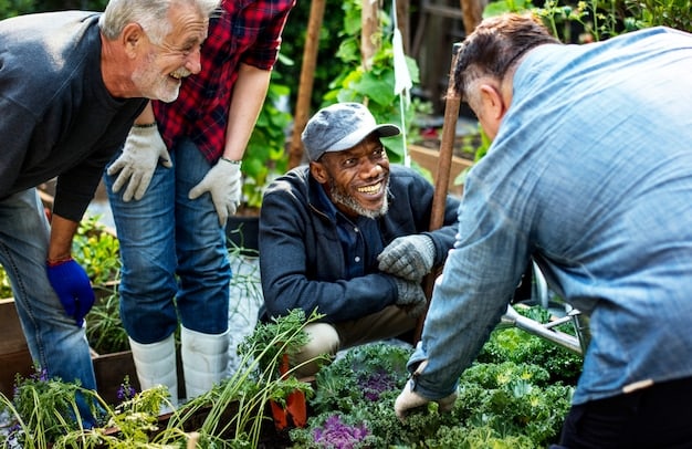 A diverse group of people working together in a community garden, planting vegetables and herbs. The garden is well-maintained with raised beds and signage about healthy eating. The atmosphere is positive and collaborative.
