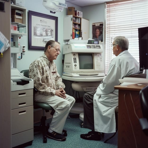 An older male US military veteran sitting in a doctor's office, smiling and talking with his female doctor. The doctor is reviewing paperwork and the scene is set with medical equipment in the background, conveying the concept of good medical care.