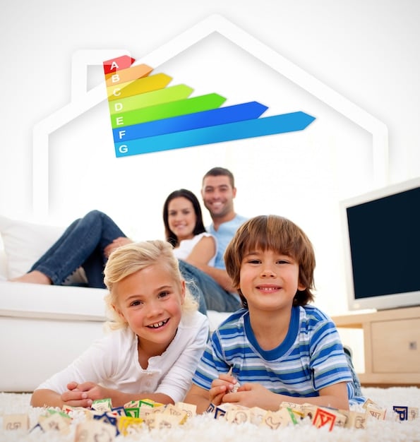 A family happily gathered in a well-lit, energy-efficient home, highlighting the positive impact of energy assistance on living conditions. The scene is warm and inviting, showing a sense of security and comfort.