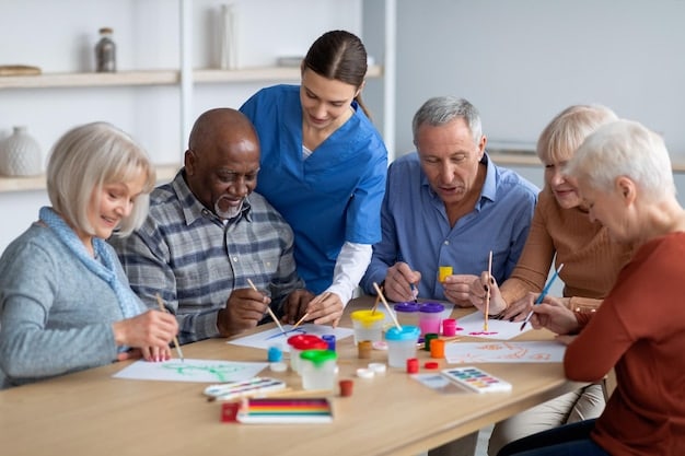 A diverse group of seniors participating in activities at an adult day care center, including painting, playing board games, and gentle exercises, all under the supervision of caring staff.