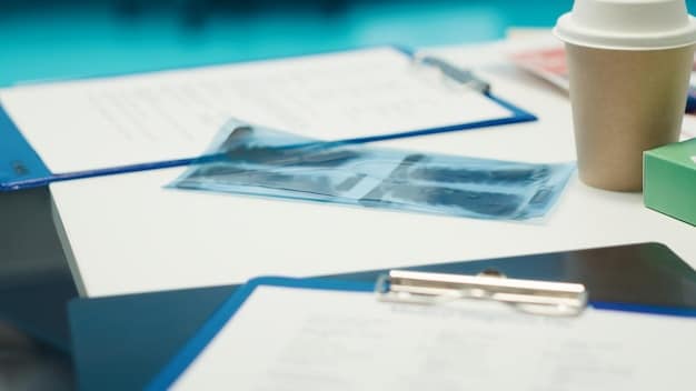 A close-up of a checkbook with a pen resting on top, next to a stack of brochures about senior care services and financial assistance programs.