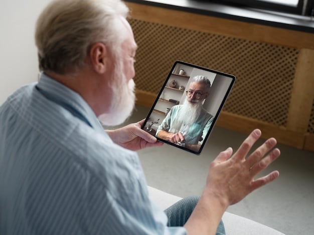 A person using a tablet to video call a doctor, while an elderly person sits comfortably nearby. The scene shows a modern, bright living room, emphasizing the ease and accessibility of telehealth services for remote caregiving.