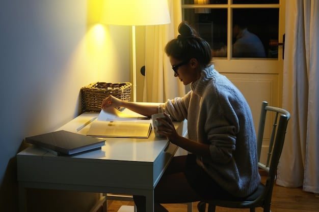 A woman is reviewing documents at her desk, which is lit by a warm lamp light. Several stacks of papers are organized around her, and she has a serious yet gentle expression as she examines the papers. A cup of tea is nearby.