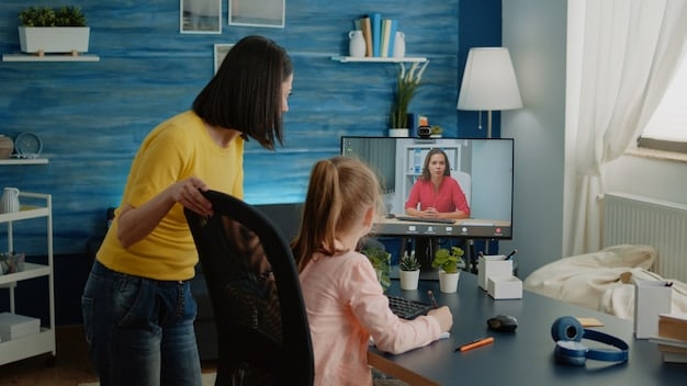 A woman on a video call with her employer, discussing her flexible leave options to care for her child, emphasizing open communication and understanding in the workplace.