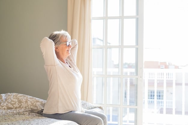 A caregiver taking a break in a quiet room, practicing deep breathing exercises with closed eyes. Soft, natural light filtering through the window.