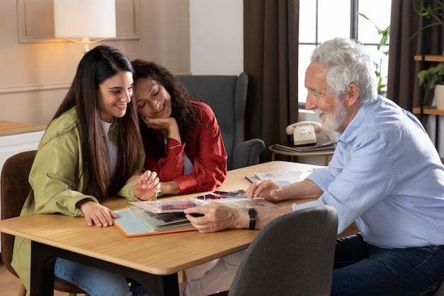 A family meeting around a table, discussing financial planning and caregiving options. A financial advisor is present, offering guidance and support. The atmosphere is collaborative and proactive.