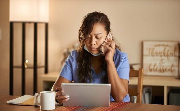 A stressed caregiver sitting at her desk, surrounded by paperwork, with a telehealth appointment open on her computer screen, offering a sense of relief and connection.