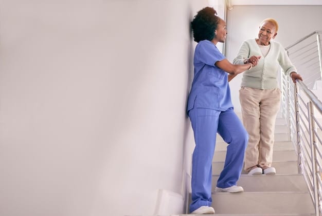 An elderly woman walking with a physical therapist, using a walking cane.