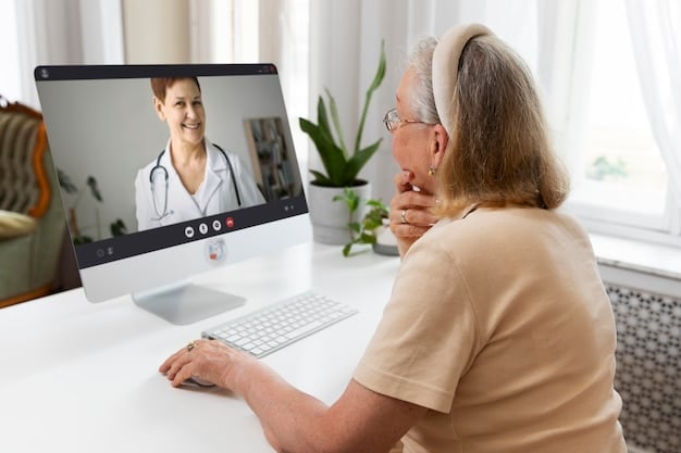 A doctor conducting a remote consultation with an elderly patient via video conference on a laptop. The patient is sitting comfortably in her living room, and the doctor is in his office, both smiling warmly.
