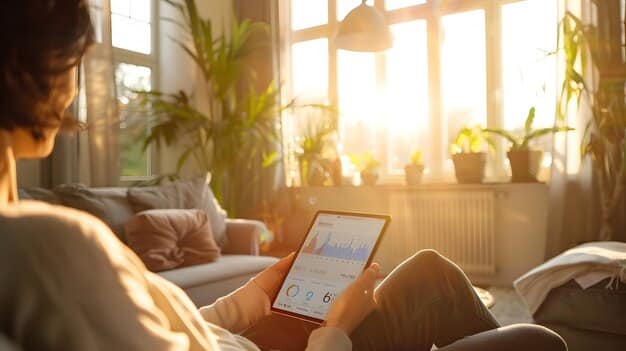 A person sitting comfortably on a sofa, using a mindfulness app on their tablet. Soft, natural light fills the room, and the person appears relaxed and focused on the screen.