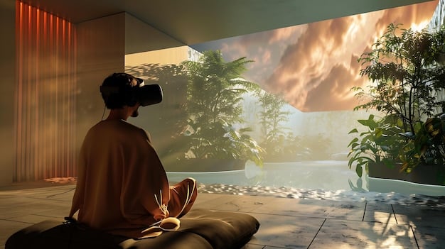 A person wearing a headset and using a VR mindfulness app, meditating in a virtual natural environment. The scene suggests immersion and focused relaxation.