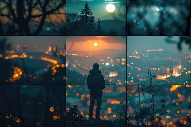 A split image. One side displays a vibrant nature scene filled with people engaging in outdoor activities. The other side shows a dark and gloomy office cubicle symbolizing burnout.
