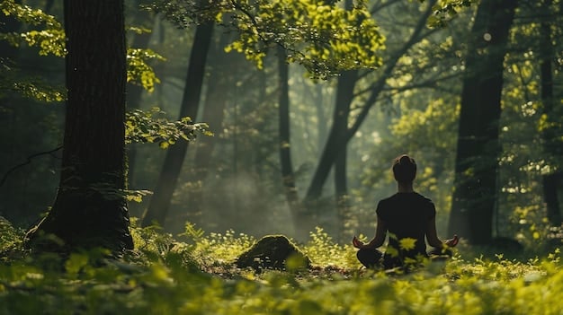 A person meditating in a serene and peaceful environment, such as a forest or garden. The individual appears calm and relaxed, symbolizing stress reduction and mental wellness.