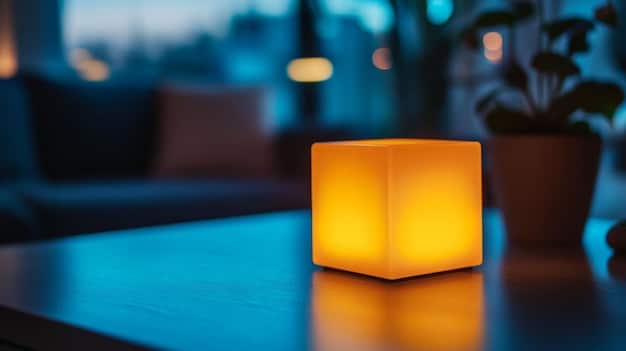 A close-up of a light therapy box emitting a bright, white light. The light box is placed on a table in a dimly lit room, and the image focuses on the intensity of the light produced by the device.