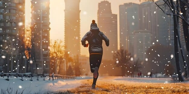 A person jogging in a park on a sunny winter day. They are wearing warm clothing and appear to be energized and enjoying their workout. Bare trees and a light dusting of snow are visible in the background.