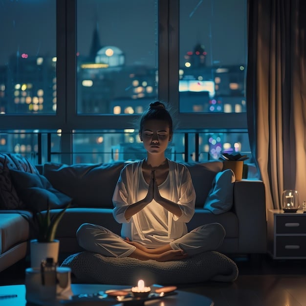 A person practicing mindful meditation in a quiet, dimly lit room. The focus is on calmness, inner peace, and the use of meditation as a tool for improving sleep quality and mental health.
