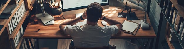 A close-up shot of a stressed employee at their desk. They are hunched over a computer, with a worried expression on their face. Their hands are clenched, and there are scattered papers and empty coffee cups around the workspace. The lighting is harsh, emphasizing the tension in their posture.