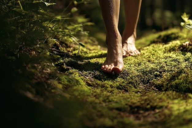 A close-up shot of a person's feet walking on a soft, mossy forest floor. The focus is on the texture of the moss and the natural setting underfoot, emphasizing the sensory experience of a nature walk.