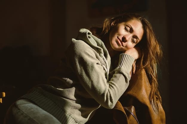 A person gently hugs themselves, conveying comfort and self-soothing, in a softly lit room with calming colors.