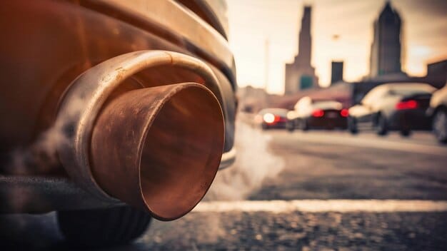 A close-up of a car exhaust pipe emitting dark smoke, emphasizing vehicle emissions as a key contributor to air pollution in a densely populated city during heavy traffic.