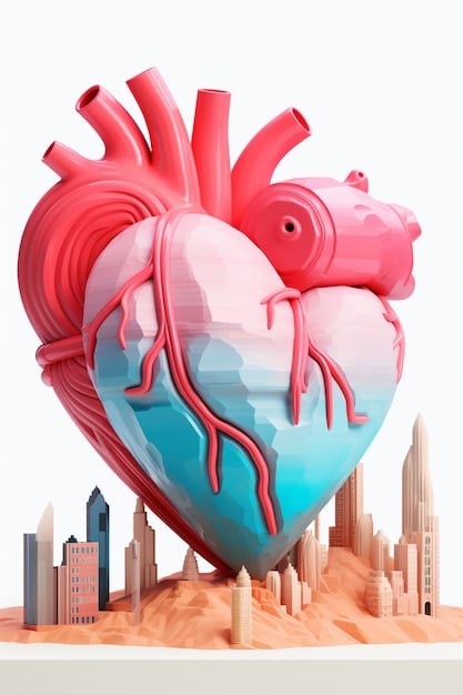 A representation of the human heart with highlighted areas showing inflammation and plaque buildup in the arteries, illustrating the direct impact of air pollution on cardiovascular health.
