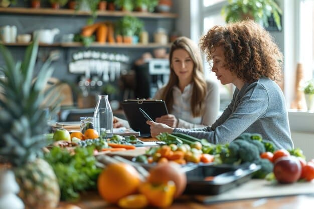 A community health worker counseling a woman about healthy meal planning in her kitchen, surrounded by fresh fruits and vegetables, showcasing personalized health education.