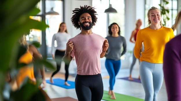 A group of diverse individuals participating in a Zumba class at a community center, led by an instructor, showing the joy of group exercise.