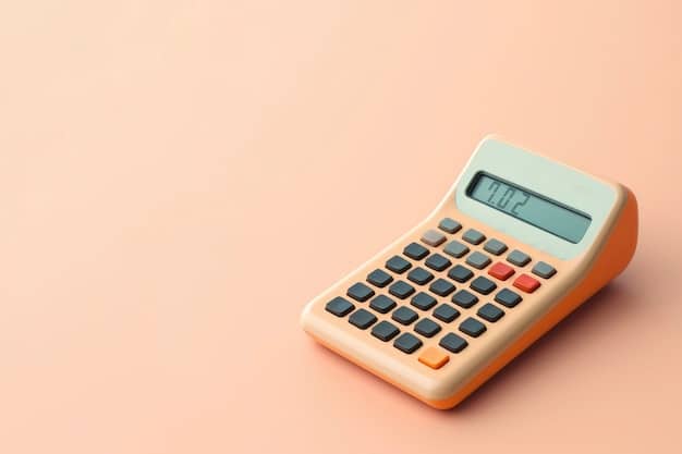 A close-up of a calculator with a tax form partially visible in the background, emphasizing the importance of calculating income and understanding tax credits. The scene includes a pen and a cup of coffee, suggesting careful financial planning.
