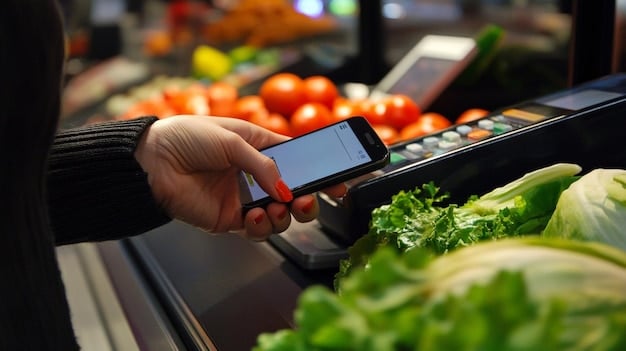 A close-up of an EBT (Electronic Benefits Transfer) card being swiped at a grocery store checkout. The background is slightly blurred, showcasing fresh produce and shelves stocked with food.