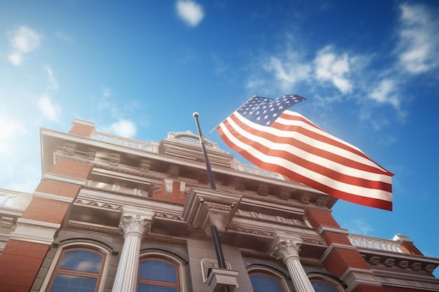 A government building facade with an American flag waving in the background, symbolizing Medicare and government assistance programs.