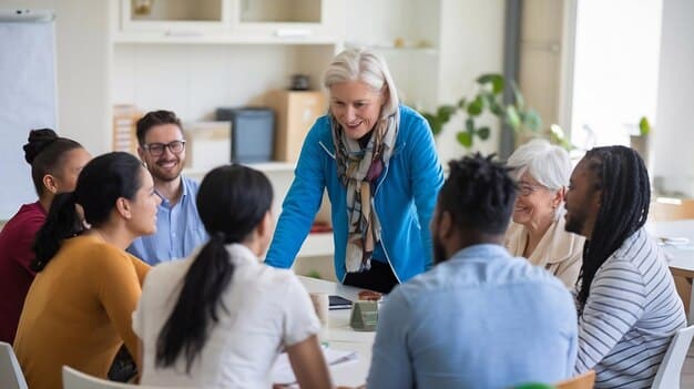 A support group meeting for caregivers, showing people sharing experiences and offering each other support.