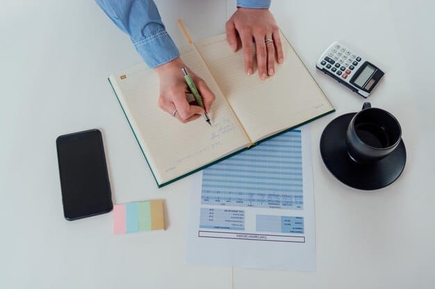 A close-up shot of hands organizing medical bills and tax forms on a desk, with a calculator and pen nearby. Focus on the details of the paperwork.