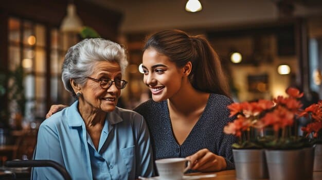 A close-up of a senior person smiling with a professional caregiver, both sitting comfortably in a living room with sunlight streaming in, highlighting the warmth and companionship aspect of respite care.