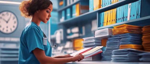 A focused image showing a person organizing and preparing documents needed for a caregiver program application, including medical records, identification, and financial statements.