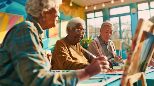 A cheerful adult day care setting with seniors engaged in various activities like painting, playing board games, and light exercise, overseen by attentive caregivers.